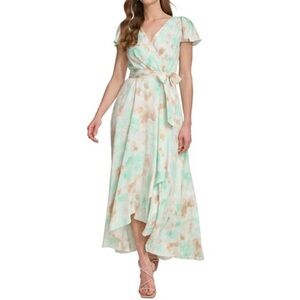 DKNY Womens Belted Faux Wrap Asymmetrical Gown Dress In Light Green & Neutrals